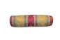Decorative cylindrical bolster with multicoloures pattern on a yellow background.
