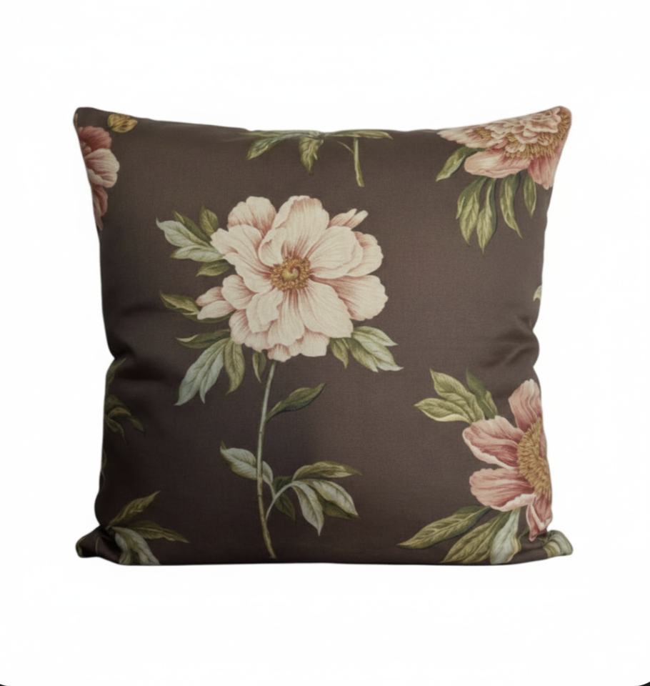 Vintage Peony Garden in Chocolate Brown Cushion Cover